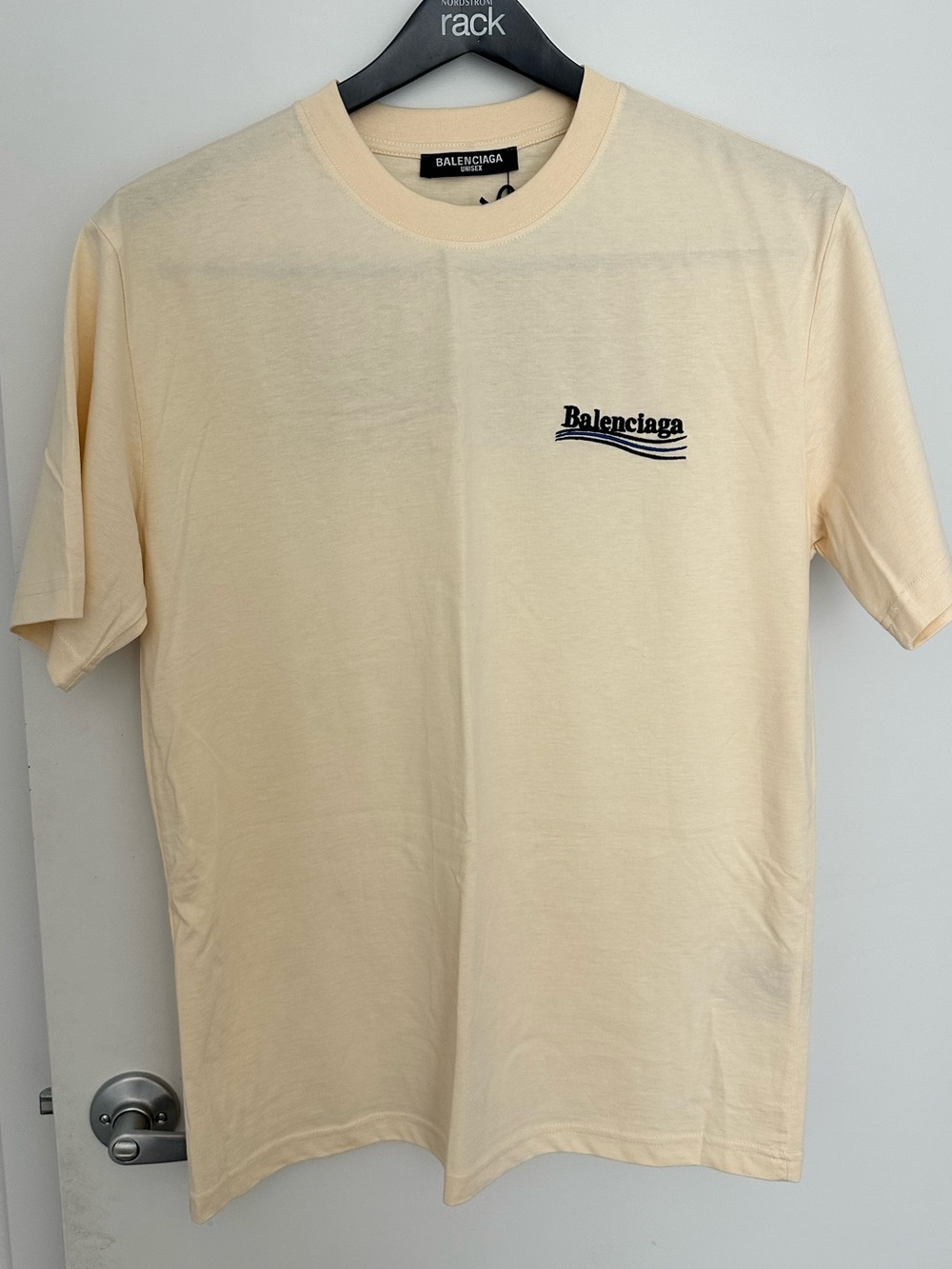 Balenciaga Men's Light Cream Short-Sleeve Logo Tee